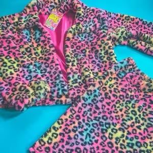 Leopard rainbow fur jacket cosplay 90s streetwear harajuku Co ord mini skirt